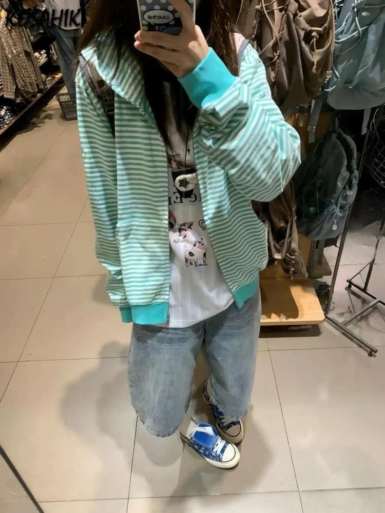 Y2k Aesthetic Women Stripe Casual Loose Hoody Harajuku Vintage Zipper Grunge 2026 Sweatshirts Streetwear Autumn pocket Hoodeds
