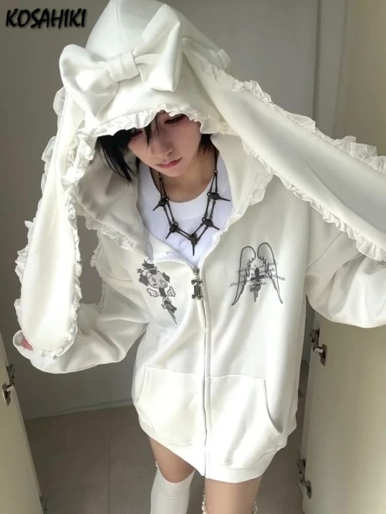 Japanese Cartoon Embroidery Grunge Rabbit's Ears Hoodies Women Casual Loose Zipper Sweatshirt Y2k Aesthetic Vintage Autumn Hoody