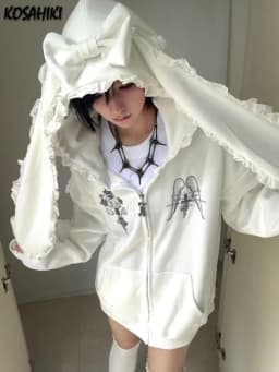 Japanese Cartoon Embroidery Grunge Rabbit's Ears Hoodies Women Casual Loose Zipper Sweatshirt Y2k Aesthetic Vintage Autumn Hoody