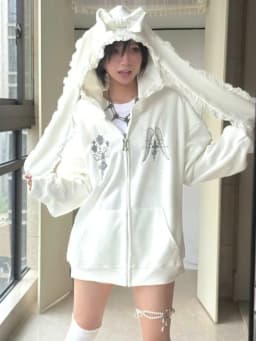 Japanese Cartoon Embroidery Grunge Rabbit's Ears Hoodies Women Casual Loose Zipper Sweatshirt Y2k Aesthetic Vintage Autumn Hoody