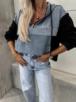 Washed Denim Sweater Hoodies Women Loose Vintage Hooded Pullover Tops 2024 Autumn Patchwork Sweatshirt Female Streetwear