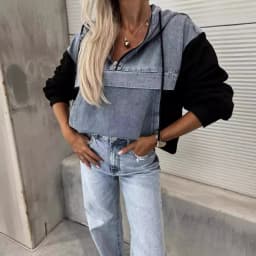 Washed Denim Sweater Hoodies Women Loose Vintage Hooded Pullover Tops 2024 Autumn Patchwork Sweatshirt Female Streetwear