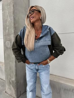 Washed Denim Sweater Hoodies Women Loose Vintage Hooded Pullover Tops 2024 Autumn Patchwork Sweatshirt Female Streetwear