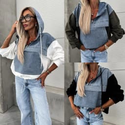Washed Denim Sweater Hoodies Women Loose Vintage Hooded Pullover Tops 2024 Autumn Patchwork Sweatshirt Female Streetwear