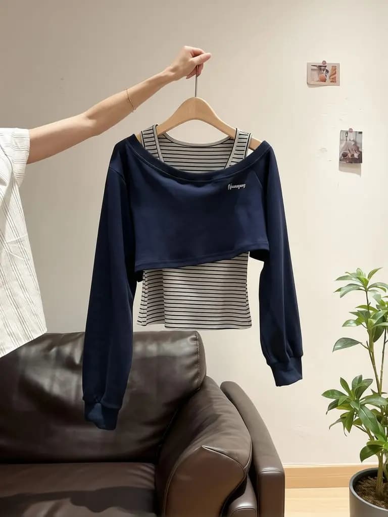 Designer Unique Off-shoulder Tops Women Two Piece Set Long Sleeve Striped Sweatshirt Fall Navy Hoodie Jacket Spring Outwear