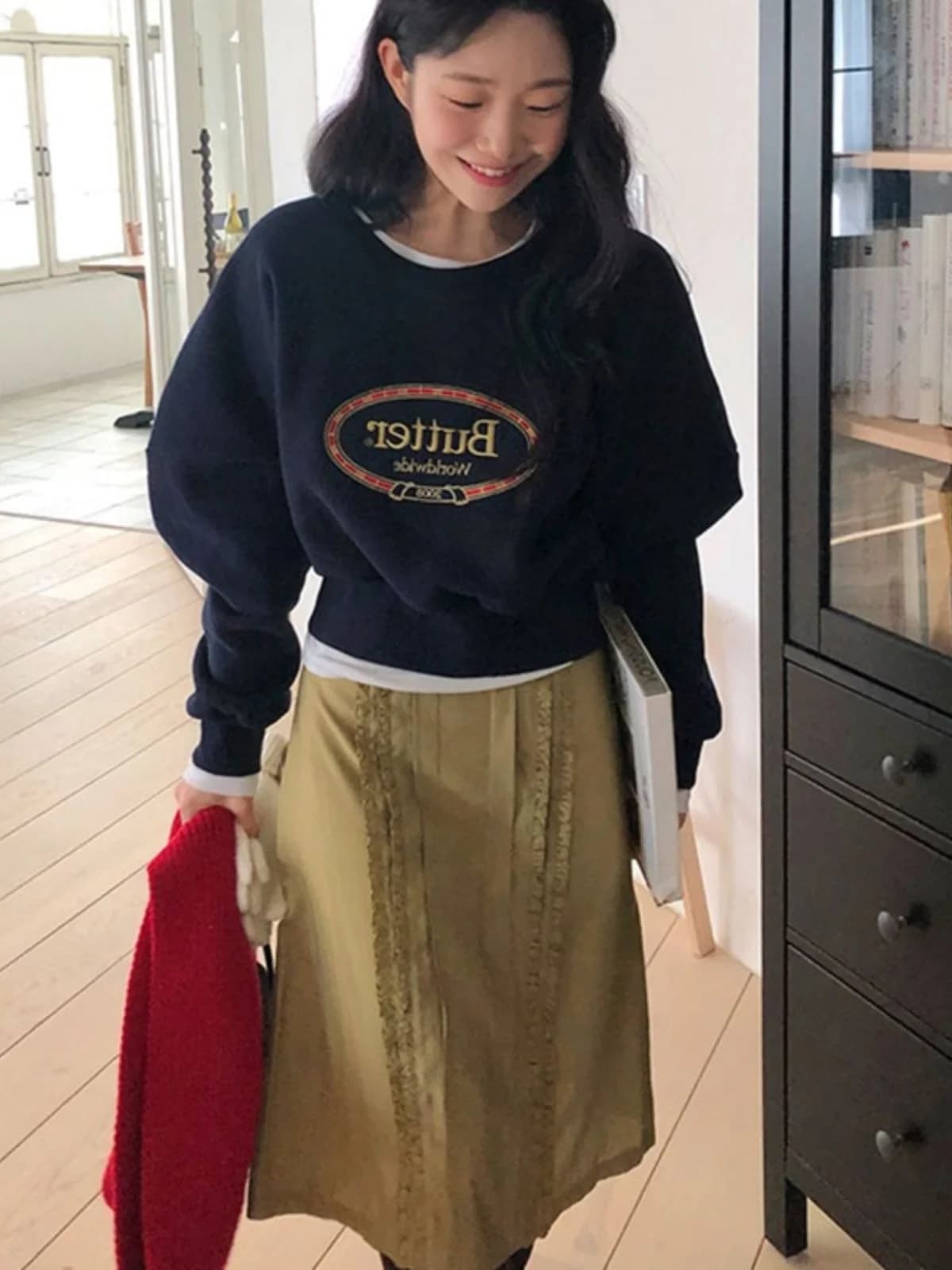 American Lazy Loose Women's Fleece Lined Long Sleeve round Neck Short Style Sweatshirt Jacket Autumn Winter Base Layer Top