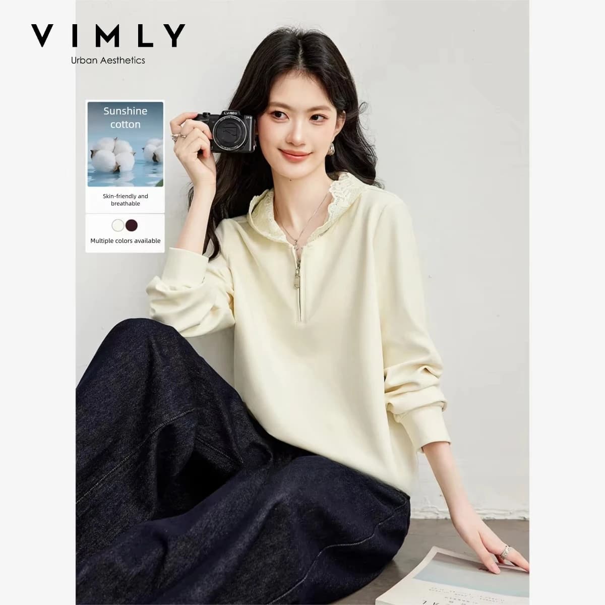 VIMLY Women's Hooded Sweatshirt 2026 Autumn Elegant Lace Trim Splicing Casual Pullover Fashion Long Sleeve Top Ladies A7628