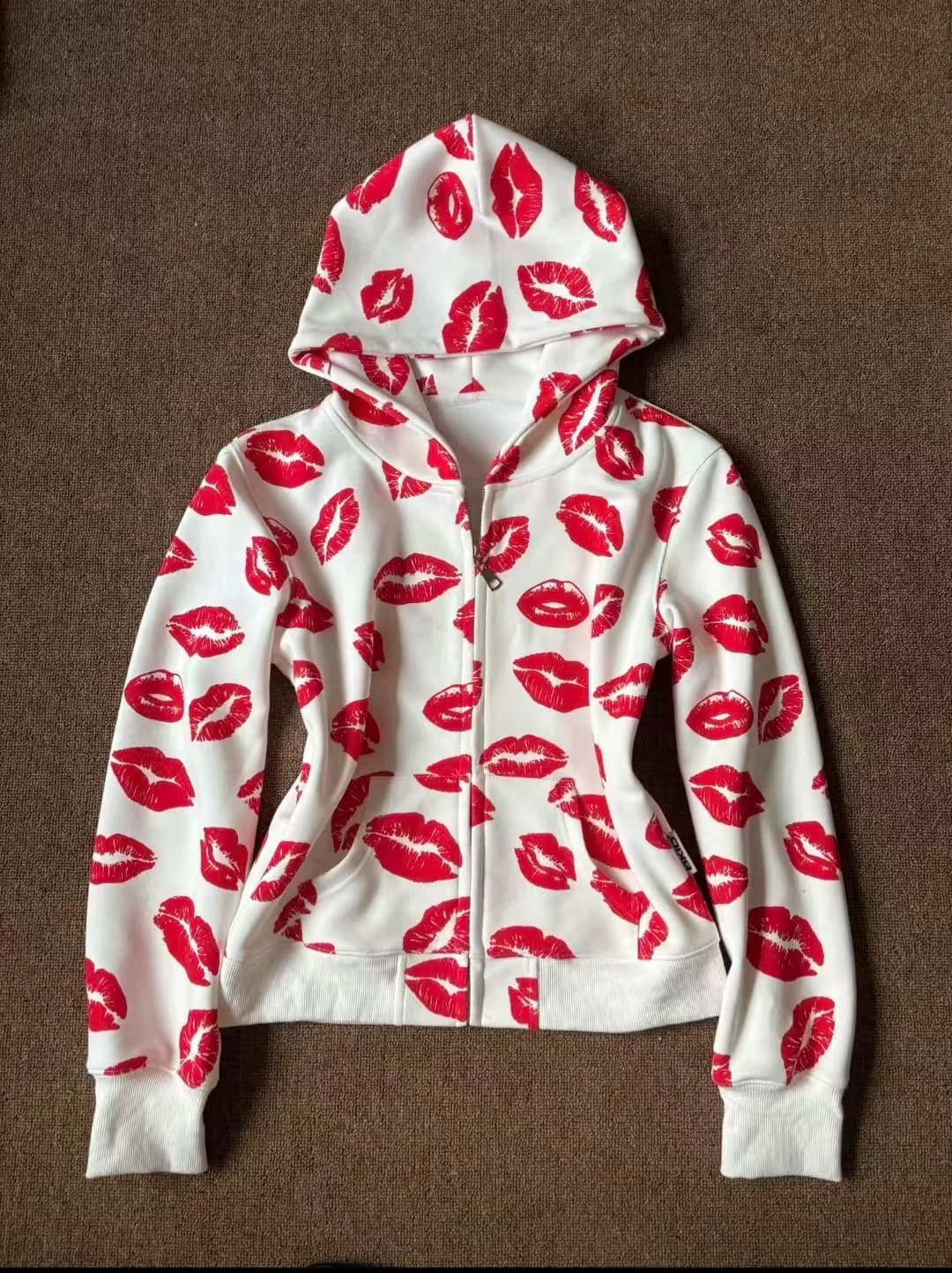 High Street Retro Red Lips Pattern Printed Short Zipper Hoodie Harajuku Punk Slimming Coat Autumn Winter Y2k Women Casual Hoodie