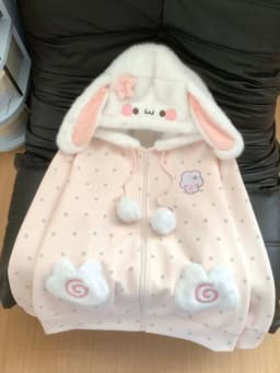 Cute Rabbit Ears Hoodies Women Sweet Dot Cartoon Print Long Sleeve Sweatshirt Fall Winter Kawaii Preppy Style Female Zipper Top