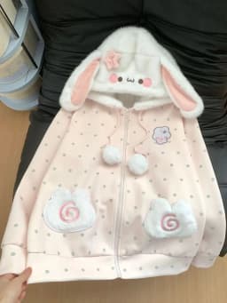 Cute Rabbit Ears Hoodies Women Sweet Dot Cartoon Print Long Sleeve Sweatshirt Fall Winter Kawaii Preppy Style Female Zipper Top