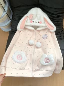 Cute Rabbit Ears Hoodies Women Sweet Dot Cartoon Print Long Sleeve Sweatshirt Fall Winter Kawaii Preppy Style Female Zipper Top