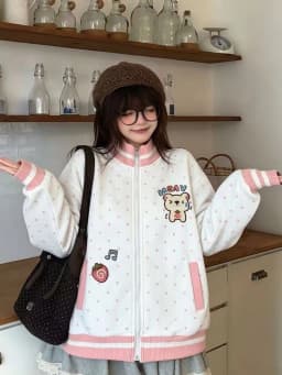 Cute Bear Dot Sweatshirt Women Loose Kawaii Preppy Style Stand Collar Pullover Fall Winter Fashion Long Sleeve Female Casual Top