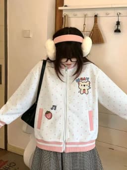 Cute Bear Dot Sweatshirt Women Loose Kawaii Preppy Style Stand Collar Pullover Fall Winter Fashion Long Sleeve Female Casual Top