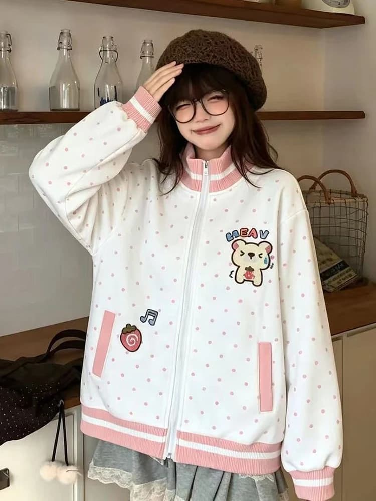 Cute Bear Dot Sweatshirt Women Loose Kawaii Preppy Style Stand Collar Pullover Fall Winter Fashion Long Sleeve Female Casual Top