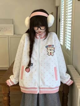Cute Bear Dot Sweatshirt Women Loose Kawaii Preppy Style Stand Collar Pullover Fall Winter Fashion Long Sleeve Female Casual Top