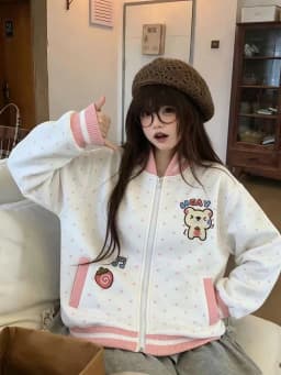 Cute Bear Dot Sweatshirt Women Loose Kawaii Preppy Style Stand Collar Pullover Fall Winter Fashion Long Sleeve Female Casual Top