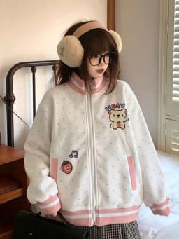 Cute Bear Dot Sweatshirt Women Loose Kawaii Preppy Style Stand Collar Pullover Fall Winter Fashion Long Sleeve Female Casual Top