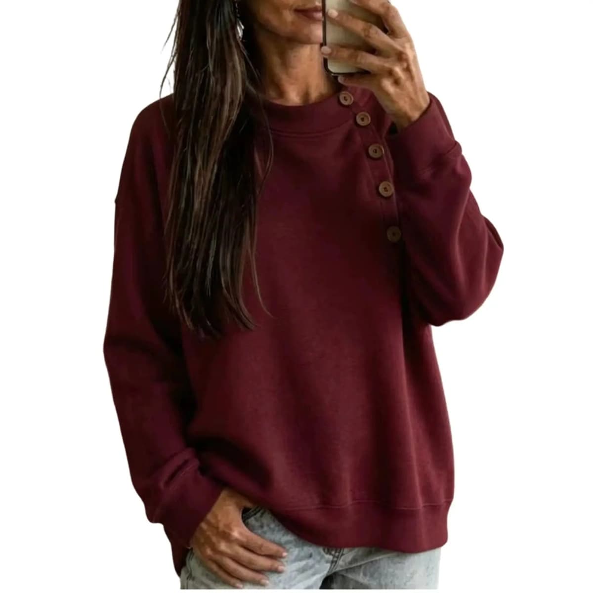 Crew Neck Sweatshirts Women Fleece Pullover Side Button Tops Fall Cute Shirt