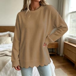 Womens Knit Oversized Crewneck Sweatshirts Scalloped Casual Tunic Long Sleeve Soft Cozy Top Drop Ladies Sweatshirts Zipper