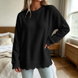 Womens Knit Oversized Crewneck Sweatshirts Scalloped Casual Tunic Long Sleeve Soft Cozy Top Drop Ladies Sweatshirts Zipper
