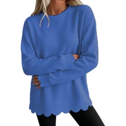 Womens Knit Oversized Crewneck Sweatshirts Scalloped Casual Tunic Long Sleeve Soft Cozy Top Drop Ladies Sweatshirts Zipper