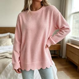 Womens Knit Oversized Crewneck Sweatshirts Scalloped Casual Tunic Long Sleeve Soft Cozy Top Drop Ladies Sweatshirts Zipper