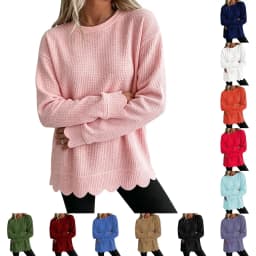 Womens Knit Oversized Crewneck Sweatshirts Scalloped Casual Tunic Long Sleeve Soft Cozy Top Drop Ladies Sweatshirts Zipper