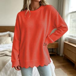 Womens Knit Oversized Crewneck Sweatshirts Scalloped Casual Tunic Long Sleeve Soft Cozy Top Drop Ladies Sweatshirts Zipper