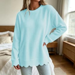 Womens Knit Oversized Crewneck Sweatshirts Scalloped Casual Tunic Long Sleeve Soft Cozy Top Drop Ladies Sweatshirts Zipper