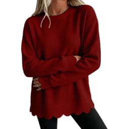 Womens Knit Oversized Crewneck Sweatshirts Scalloped Casual Tunic Long Sleeve Soft Cozy Top Drop Ladies Sweatshirts Zipper