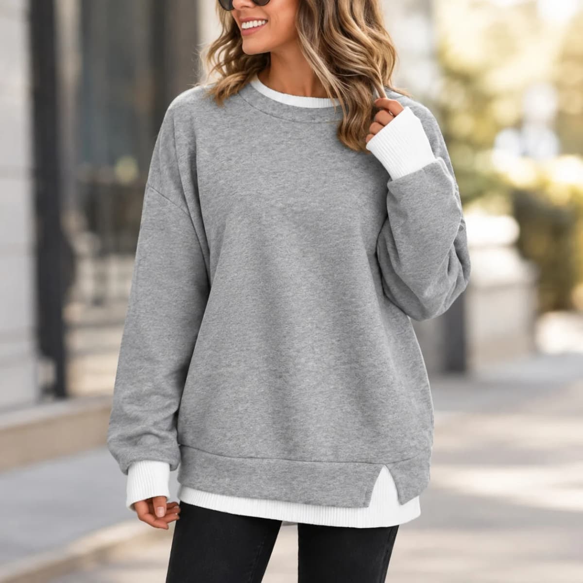 Casual Long Sleeve Top Mid Length with Regular Sleeve American and European Style Patchwork Autumn Round Neck Women Hoodie