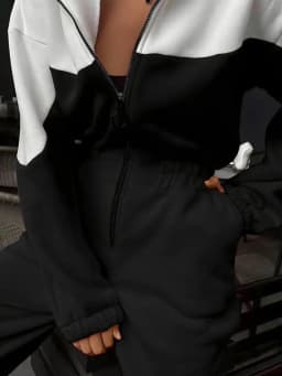 Color Block Tracksuit Jumpsuit Women Half Zip Hoodie Long Sleeve Elastic Waist Casual Sporty Streetwear One Piece Outfit