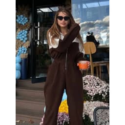 Color Block Tracksuit Jumpsuit Women Half Zip Hoodie Long Sleeve Elastic Waist Casual Sporty Streetwear One Piece Outfit