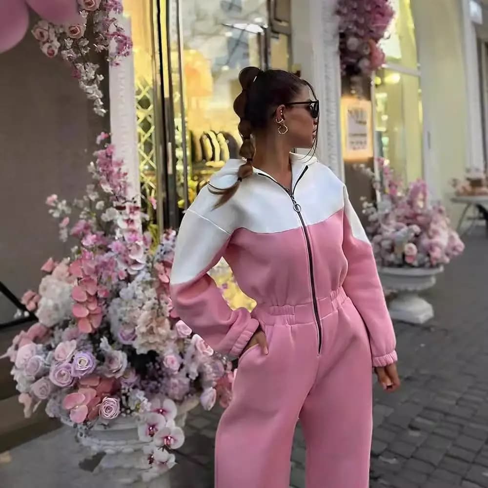 Color Block Tracksuit Jumpsuit Women Half Zip Hoodie Long Sleeve Elastic Waist Casual Sporty Streetwear One Piece Outfit