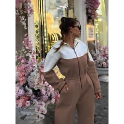 Color Block Tracksuit Jumpsuit Women Half Zip Hoodie Long Sleeve Elastic Waist Casual Sporty Streetwear One Piece Outfit