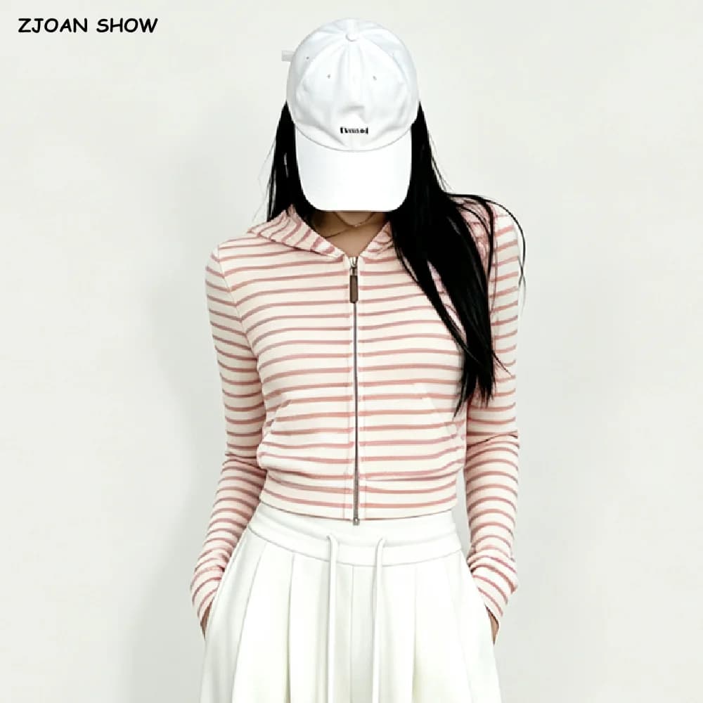 Autumn Women Pink White Stripes Zip Up Hooded Sweatshirt Long Sleeve Short Sweats Crop Jumper Black