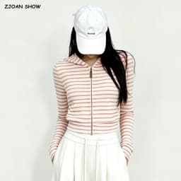 Autumn Women Pink White Stripes Zip Up Hooded Sweatshirt Long Sleeve Short Sweats Crop Jumper Black