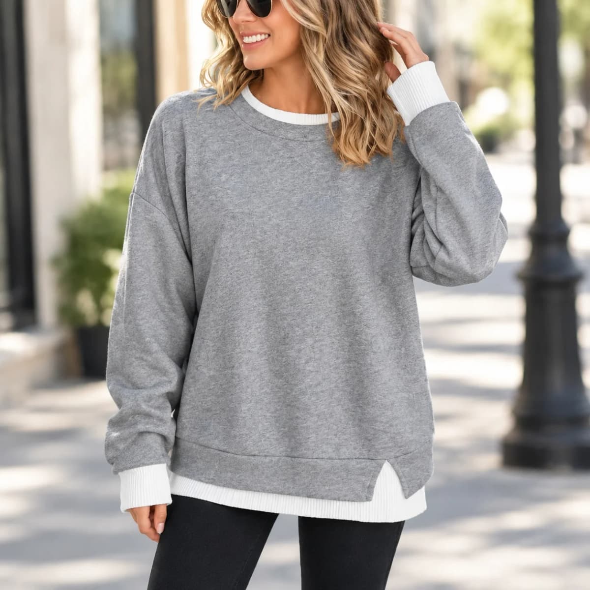 Casual Long Sleeve Top with Round Neck Mid Length Streetwear Women Hoodie Pullover Regular Thickness Patchwork Sweatshirt