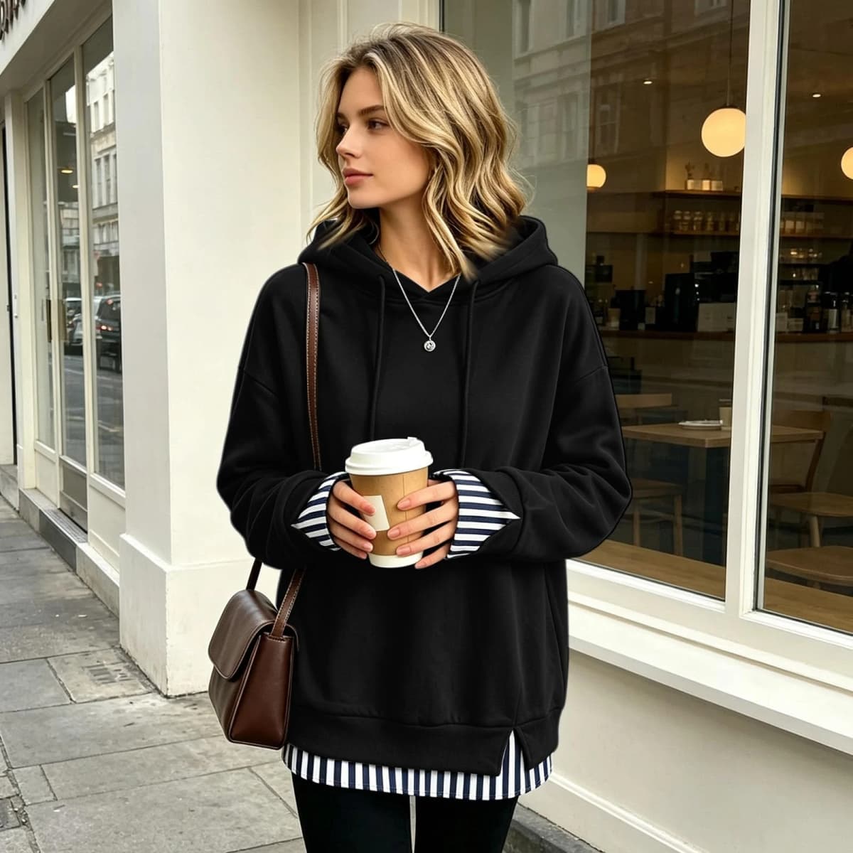 Women Fall And Winter Long Sleeve Hooded Sweatshirt Solid Color Pullover With Faux Layered Panel Sweatshirt Hoodies for Women