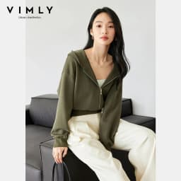 VIMLY Women's Short Hooded Sweatshirt 2026 Autumn Casual Zipper Front Long Sleeve Jacket Fashion Female Pullover A0885