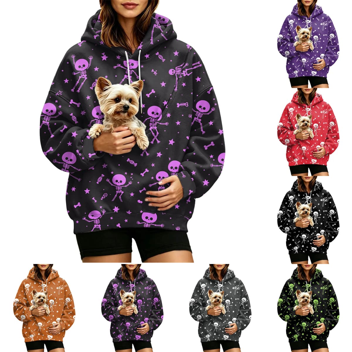 Women Fall And Winter Hoodie With Pet Pouch Oversized Pocket Colorful Halloween Print Sweatshirt Women Sweater Zipper Pockets