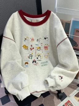 Loose Fit Long Sleeve Pure Cotton Crew Neck Sweatshirt Women's Cartoon Embroidery Early Autumn Hong Kong Style Design Sen...