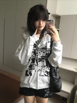 Y2K American Retro Sweatshirts Hoodie Faux Fur Zipper Long Sleeve Japanese Hrajuku Subculture Gothic Punk Style Streetwear