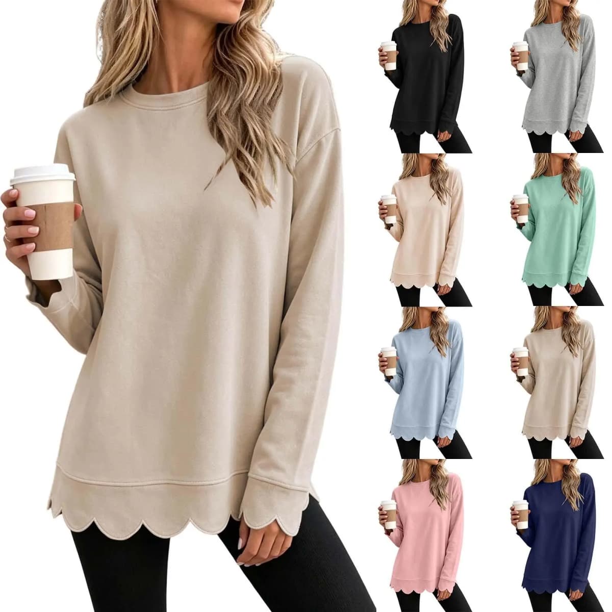 Womens Oversized Crewneck Sweatshirts Scalloped Casual Pullover Tops Sweatshirt Womens