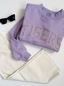 Women Autumn Winter Sweatshirt Purple Mock Neck Long Sleeve Letter Print Pullover Casual College Varsity Style Warm Loose Tops