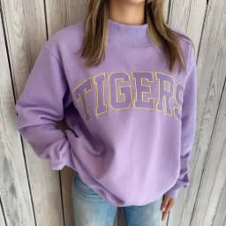 Women Autumn Winter Sweatshirt Purple Mock Neck Long Sleeve Letter Print Pullover Casual College Varsity Style Warm Loose Tops