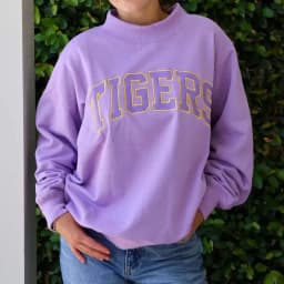 Women Autumn Winter Sweatshirt Purple Mock Neck Long Sleeve Letter Print Pullover Casual College Varsity Style Warm Loose Tops