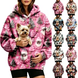 Women Fall And Winter Hoodie With Pet Pouch Oversized Pocket Colorful Print Sweatshirt For Dogs And Cats Woman's Zip Hoodie