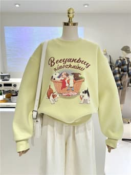 Korean Style Fleece Lined Thickened Cartoon Dog Loose Warm round Neck Pullover Sweatshirt Women Casual Winter Fashion