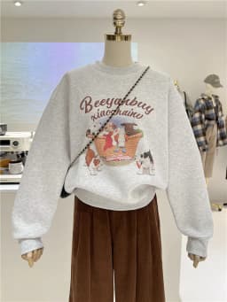 Korean Style Fleece Lined Thickened Cartoon Dog Loose Warm round Neck Pullover Sweatshirt Women Casual Winter Fashion